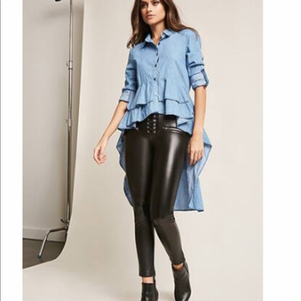 Ruffled high-low chambray tunic shirt